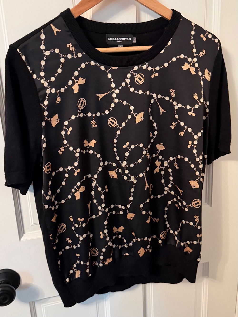 Karl Lagerfeld Black Sweatshirt with Gold and Cream Chain Motif